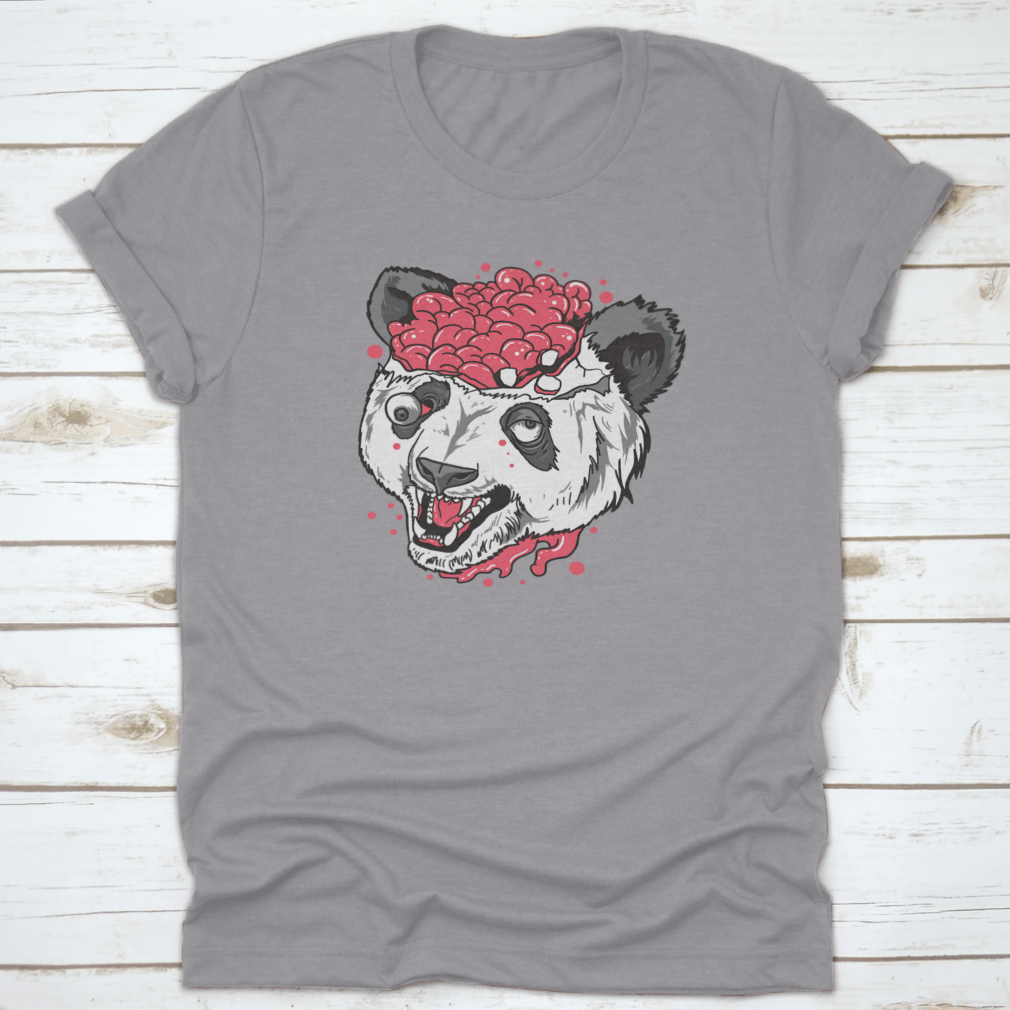 A unique t-shirt featuring a terrifying panda design with a brain bursting out, made from 100% cotton.