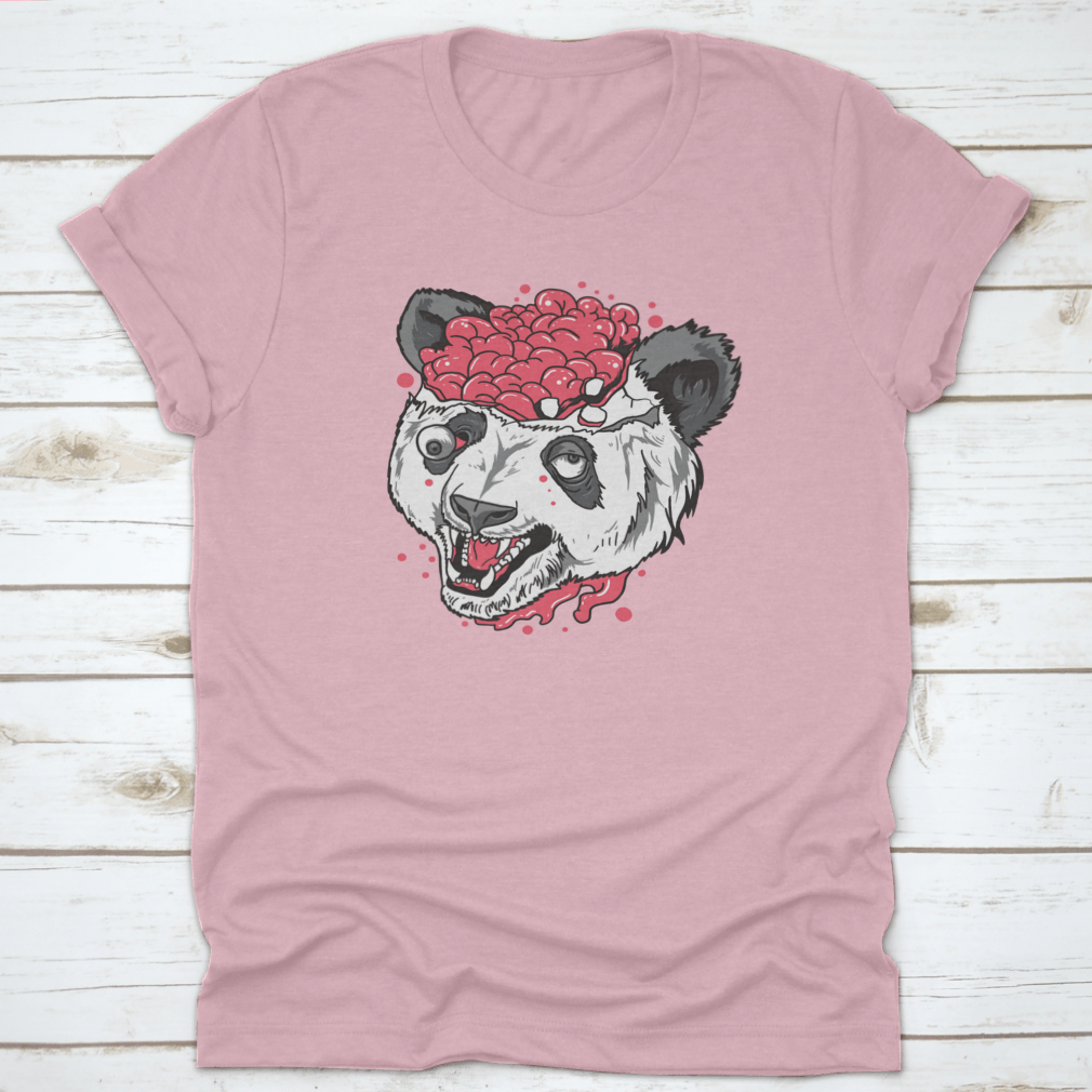 A unique t-shirt featuring a terrifying panda design with a brain bursting out, made from 100% cotton.