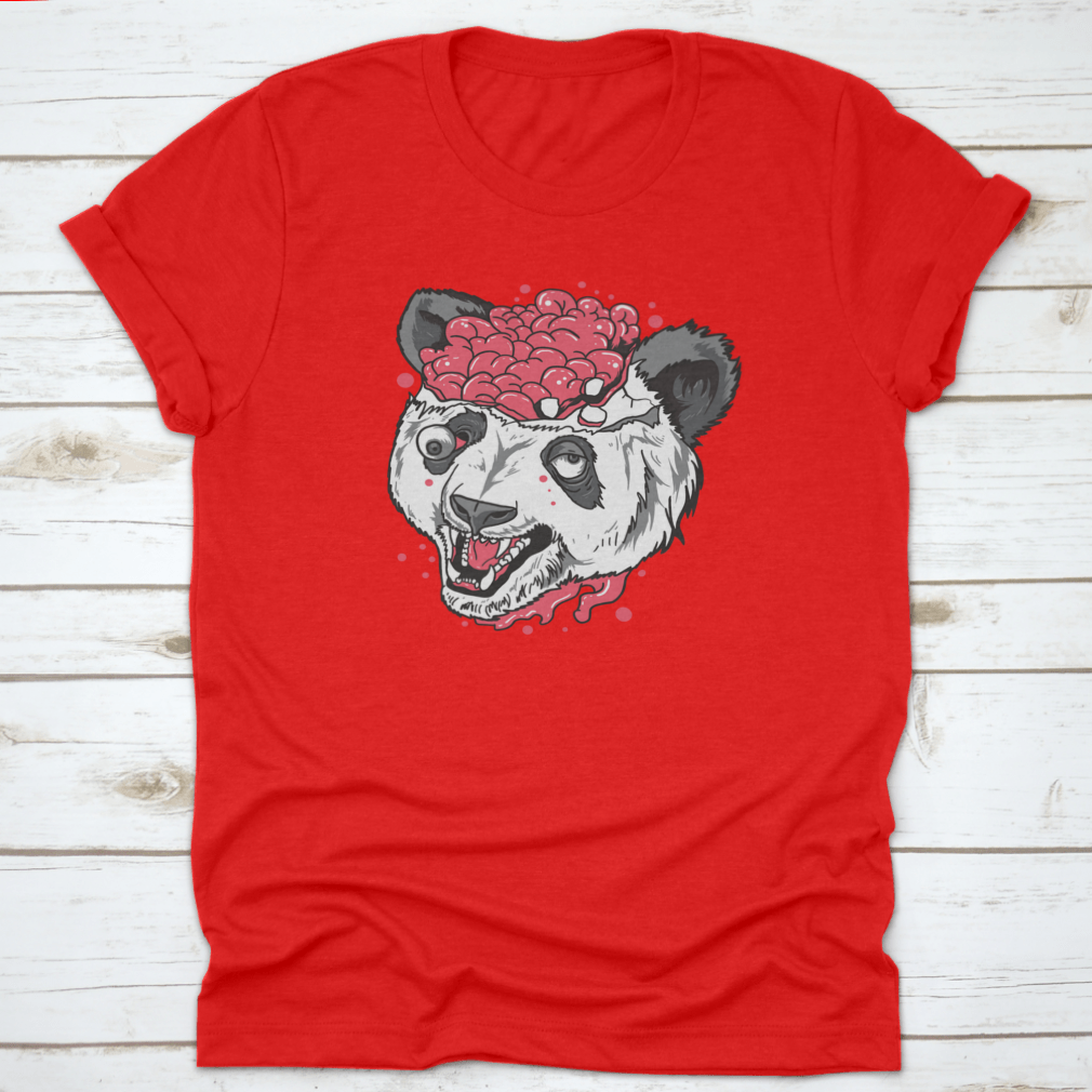 A unique t-shirt featuring a terrifying panda design with a brain bursting out, made from 100% cotton.