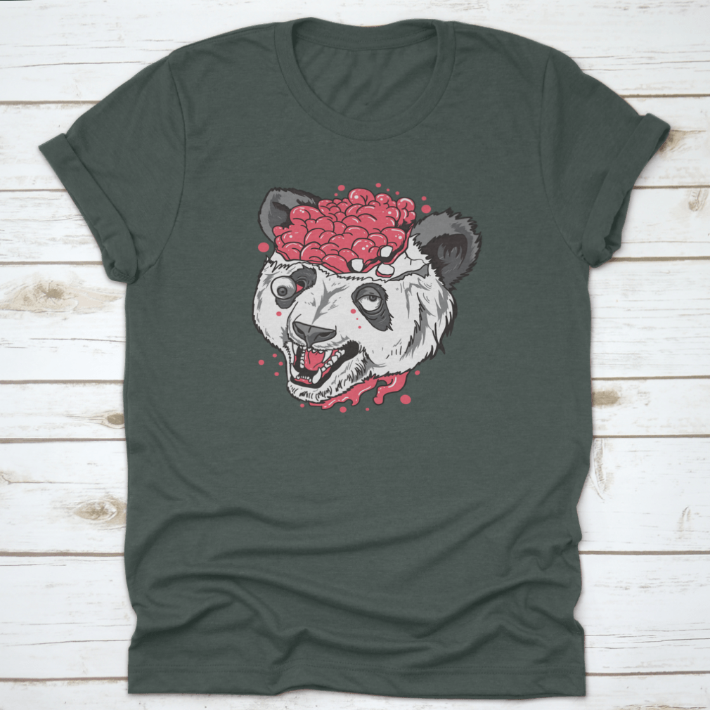 A unique t-shirt featuring a terrifying panda design with a brain bursting out, made from 100% cotton.