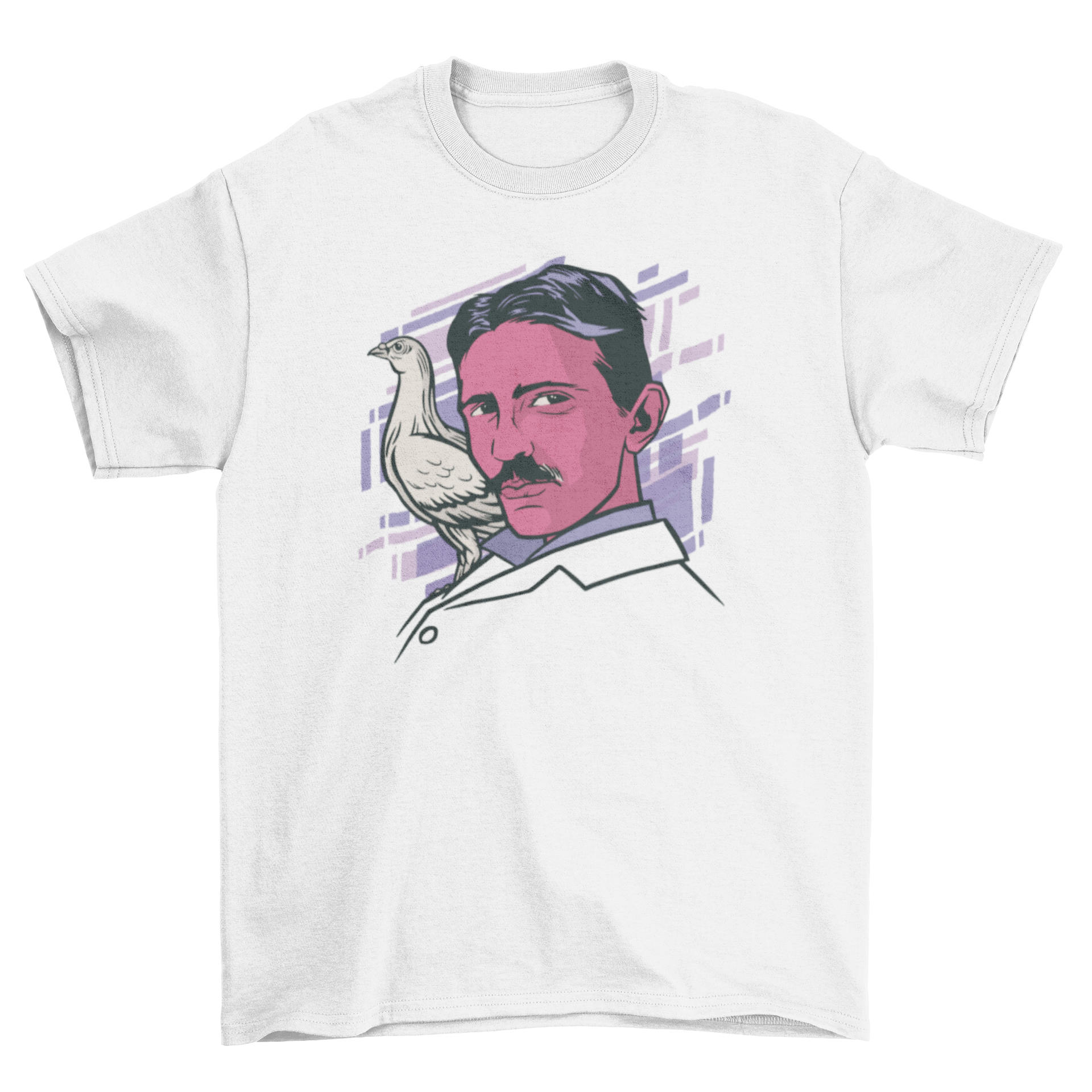 A stylish T-shirt featuring an illustration of Nikola Tesla with a bird on his shoulder, showcasing creativity and science.