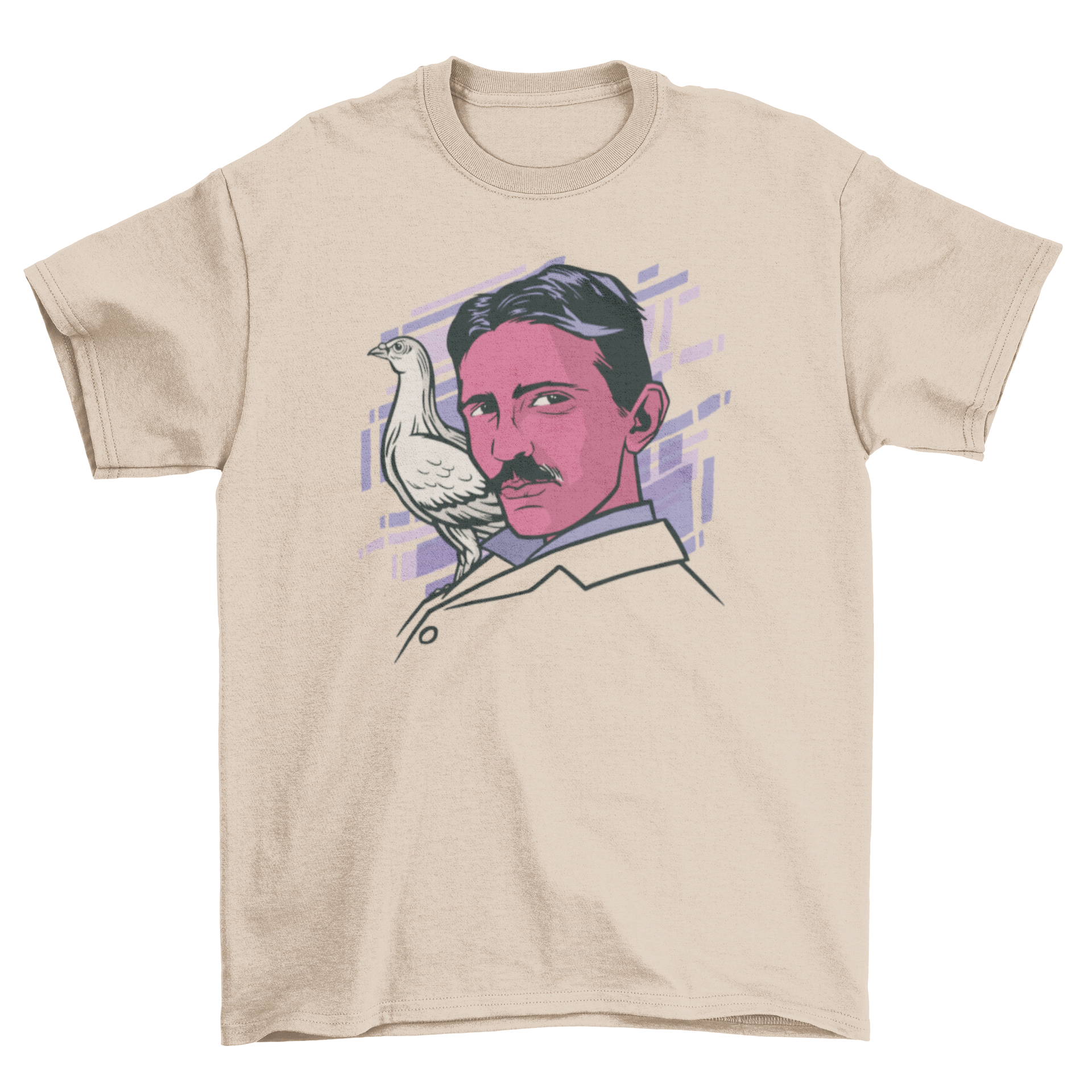 A stylish T-shirt featuring an illustration of Nikola Tesla with a bird on his shoulder, showcasing creativity and science.