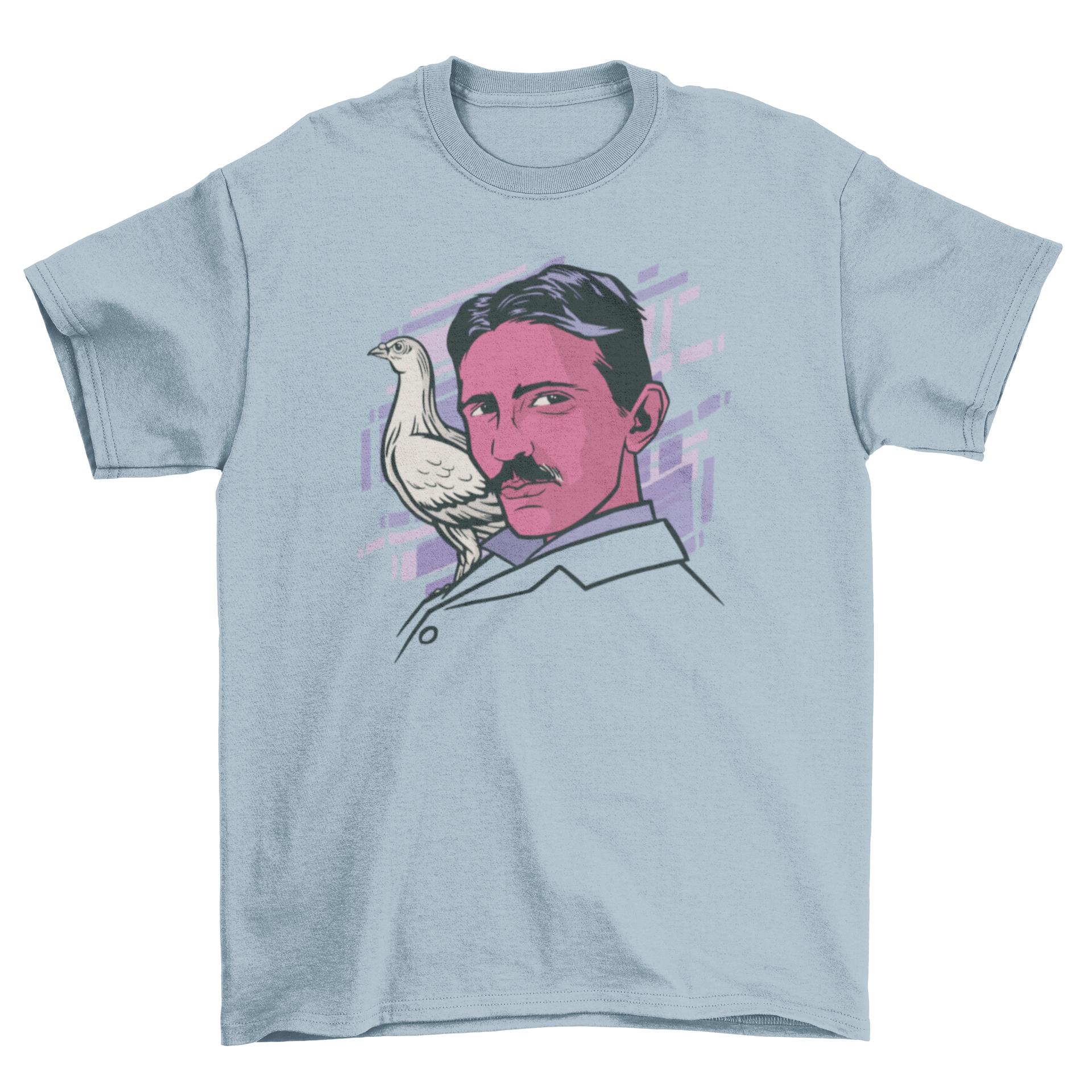 A stylish T-shirt featuring an illustration of Nikola Tesla with a bird on his shoulder, showcasing creativity and science.