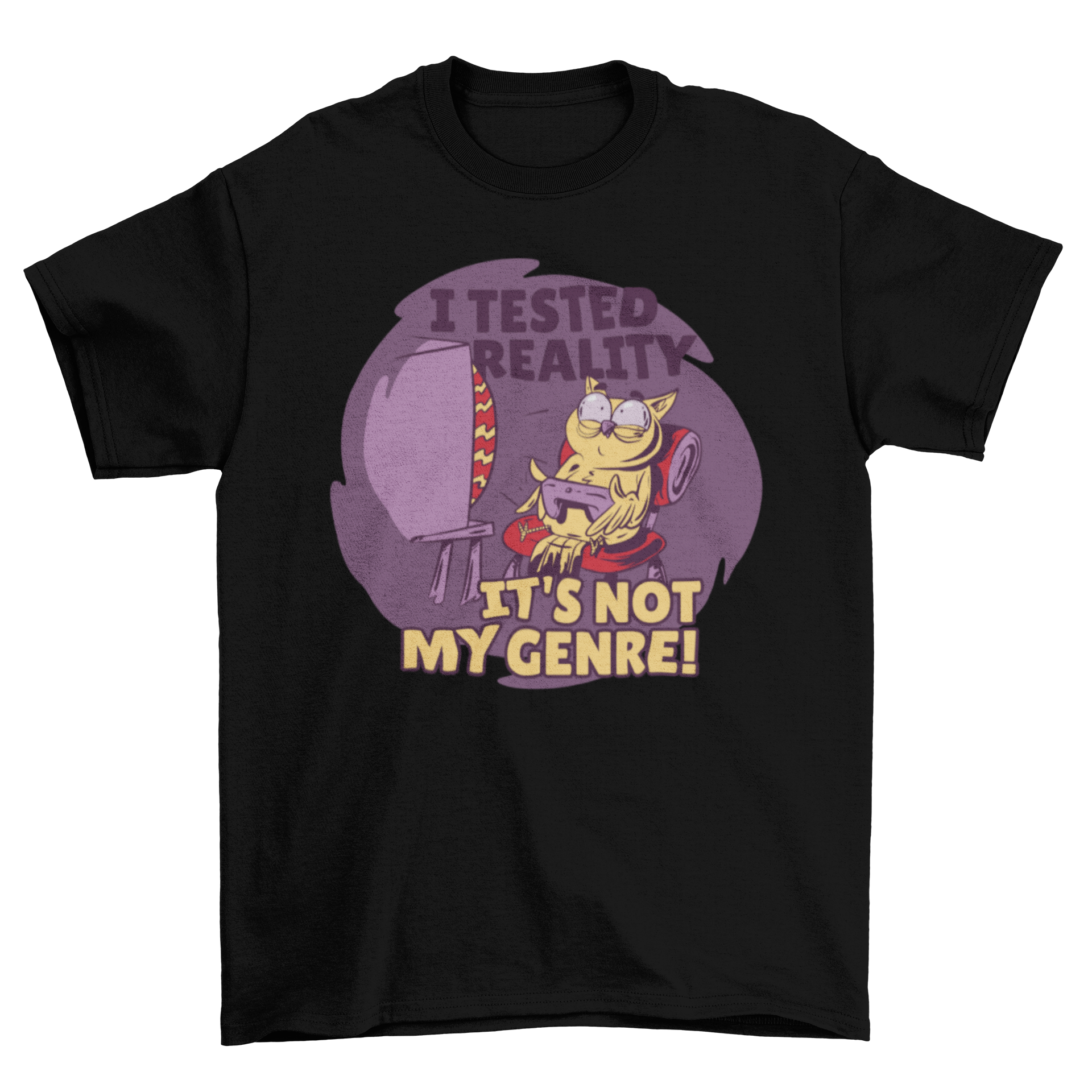 A humorous t-shirt featuring an owl playing video games with the quote 'I tested reality, it's not my genre'.