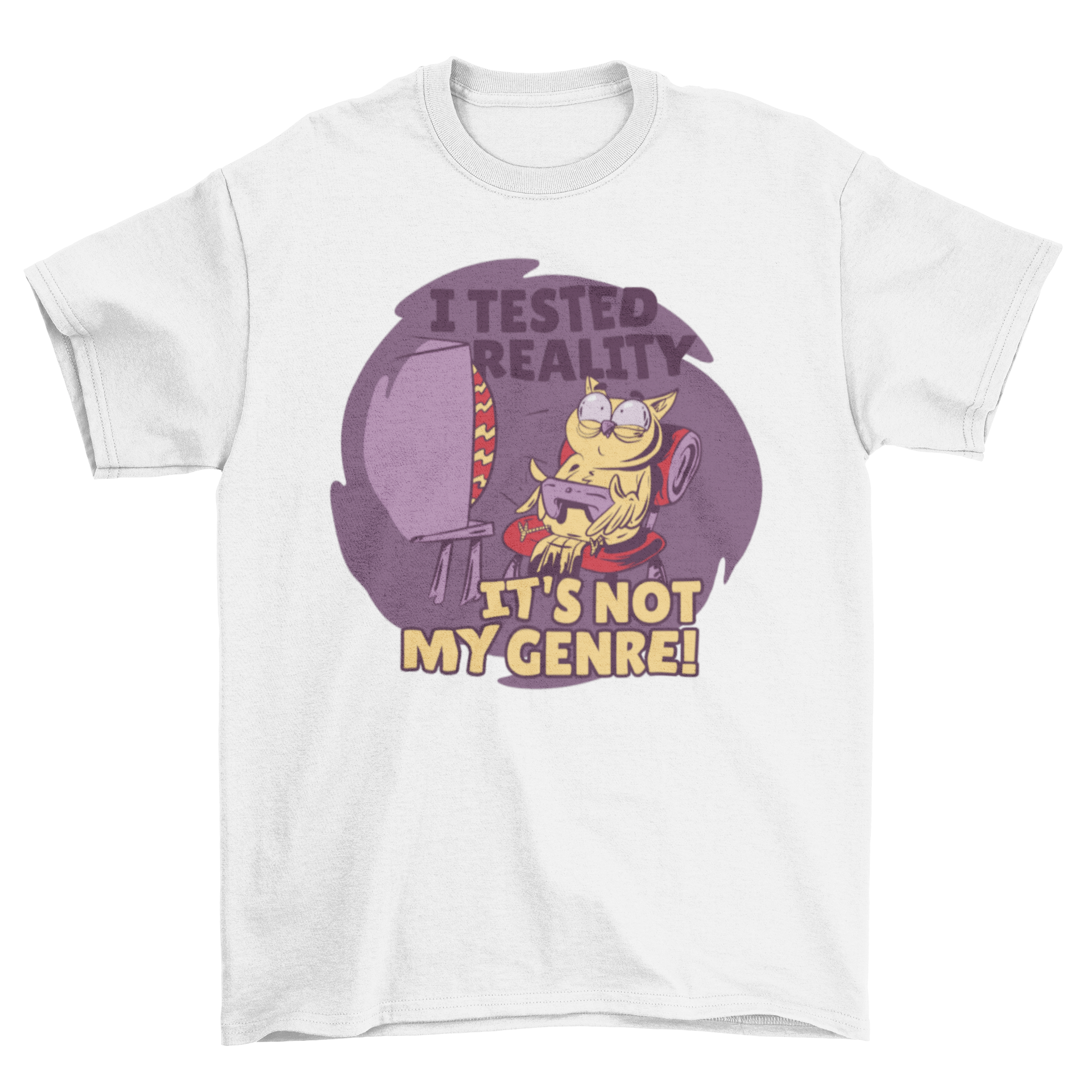 A humorous t-shirt featuring an owl playing video games with the quote 'I tested reality, it's not my genre'.