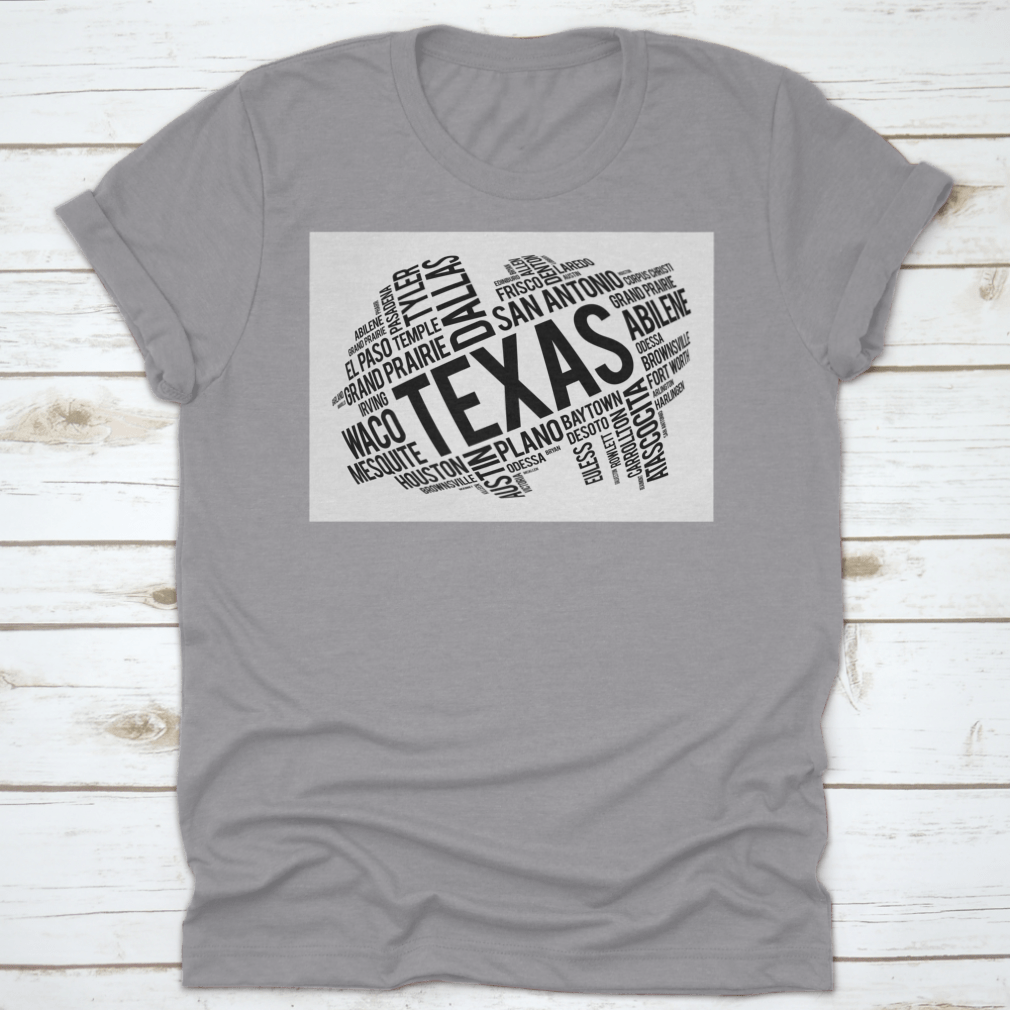 Texas City State Black Style Word Cloud Location Map Design on a cotton fabric, showcasing various Texas cities and landmarks in a stylish layout.