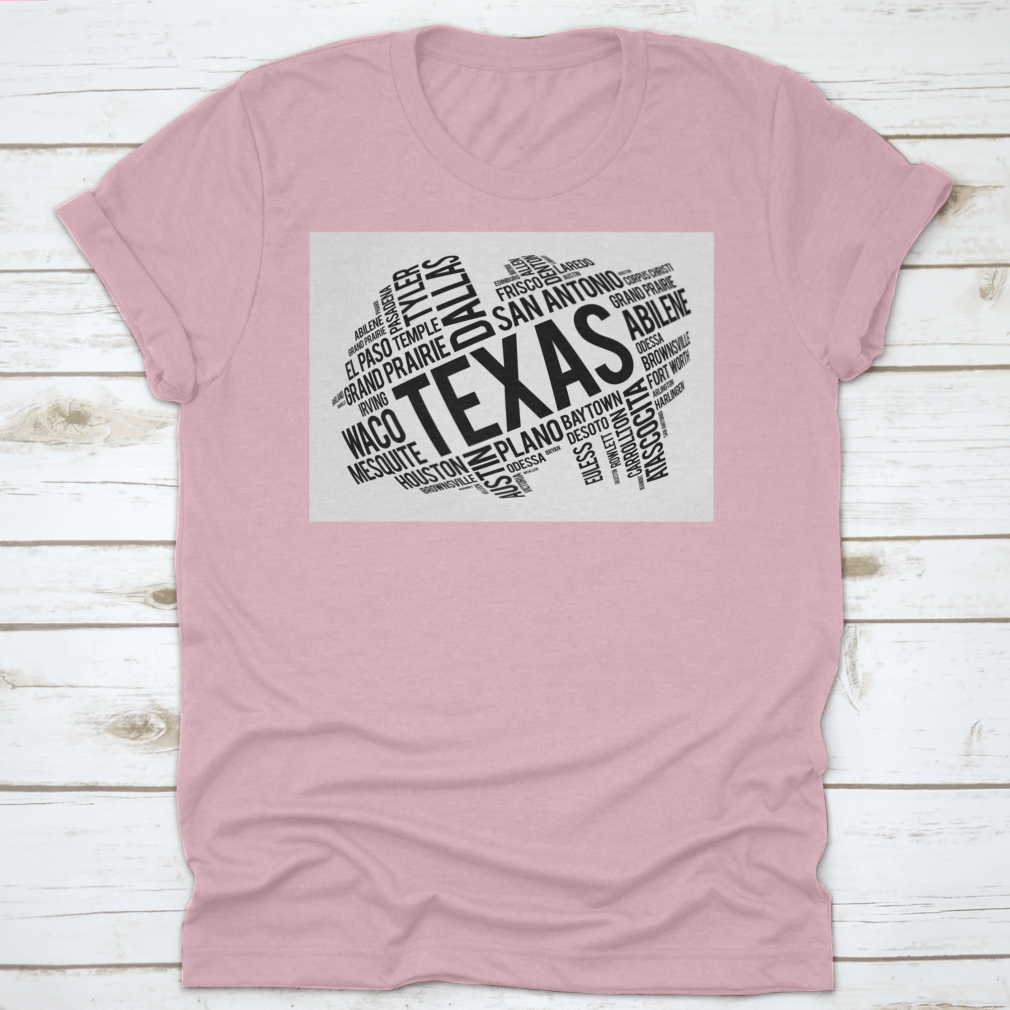 Texas City State Black Style Word Cloud Location Map Design on a cotton fabric, showcasing various Texas cities and landmarks in a stylish layout.