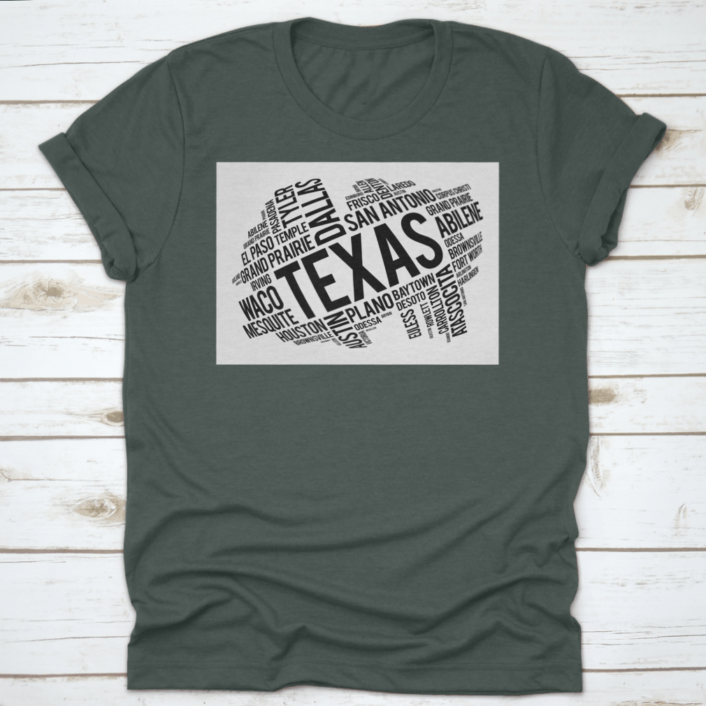 Texas City State Black Style Word Cloud Location Map Design on a cotton fabric, showcasing various Texas cities and landmarks in a stylish layout.