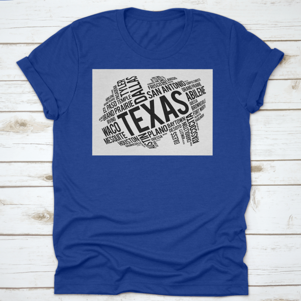 Texas City State Black Style Word Cloud Location Map Design on a cotton fabric, showcasing various Texas cities and landmarks in a stylish layout.