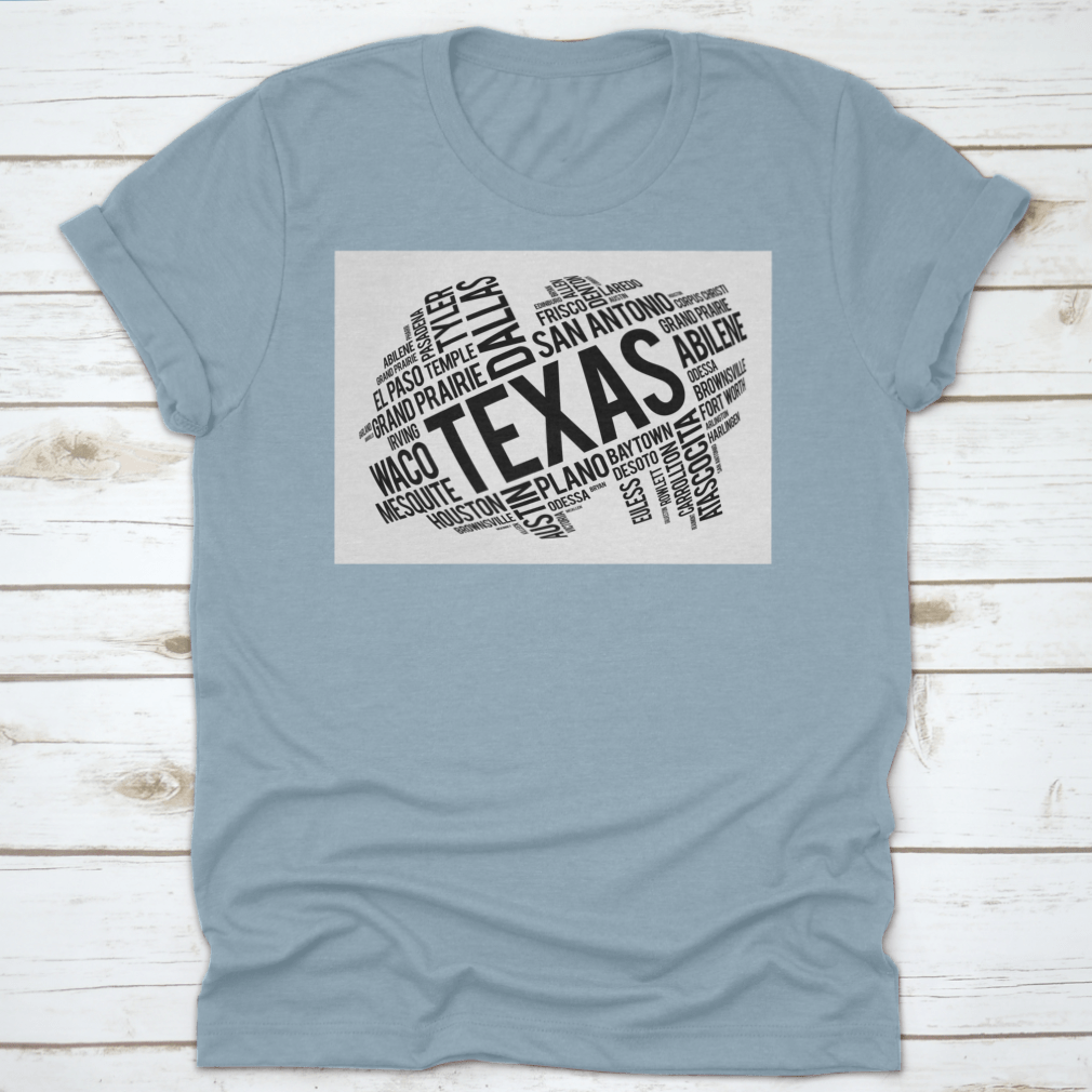 Texas City State Black Style Word Cloud Location Map Design on a cotton fabric, showcasing various Texas cities and landmarks in a stylish layout.