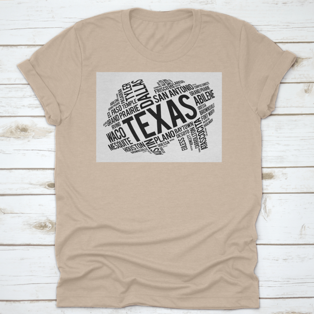 Texas City State Black Style Word Cloud Location Map Design on a cotton fabric, showcasing various Texas cities and landmarks in a stylish layout.