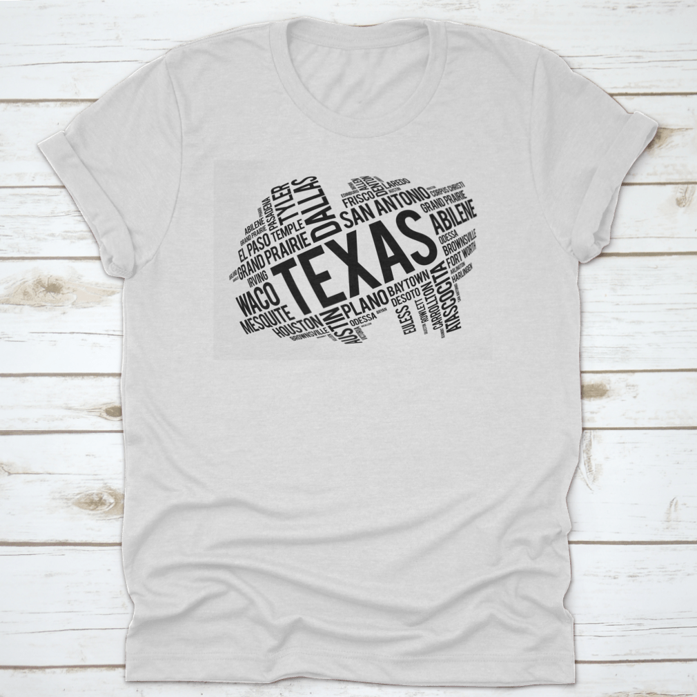 Texas City State Black Style Word Cloud Location Map Design on a cotton fabric, showcasing various Texas cities and landmarks in a stylish layout.