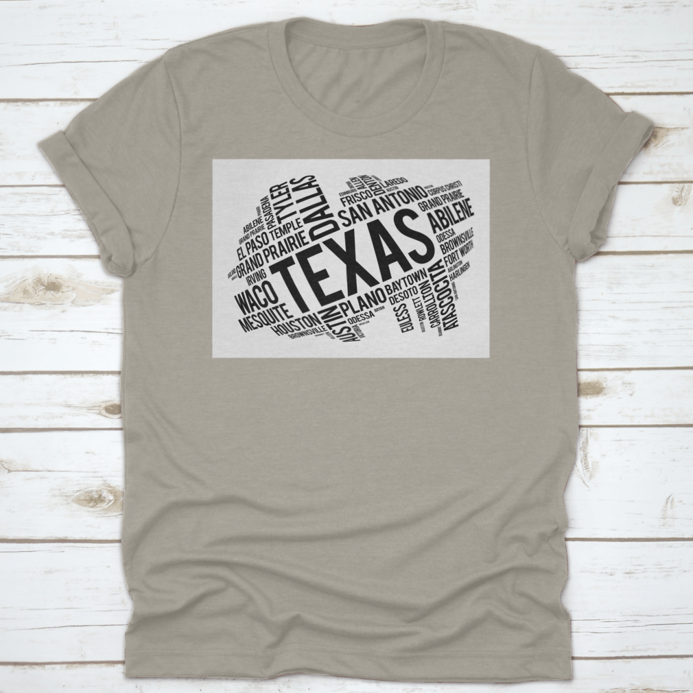 Texas City State Black Style Word Cloud Location Map Design on a cotton fabric, showcasing various Texas cities and landmarks in a stylish layout.