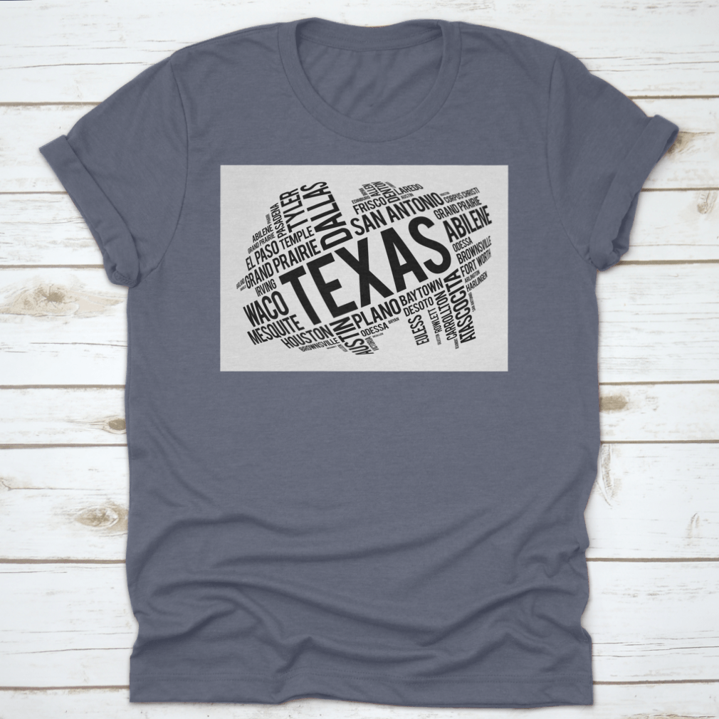 Texas City State Black Style Word Cloud Location Map Design on a cotton fabric, showcasing various Texas cities and landmarks in a stylish layout.