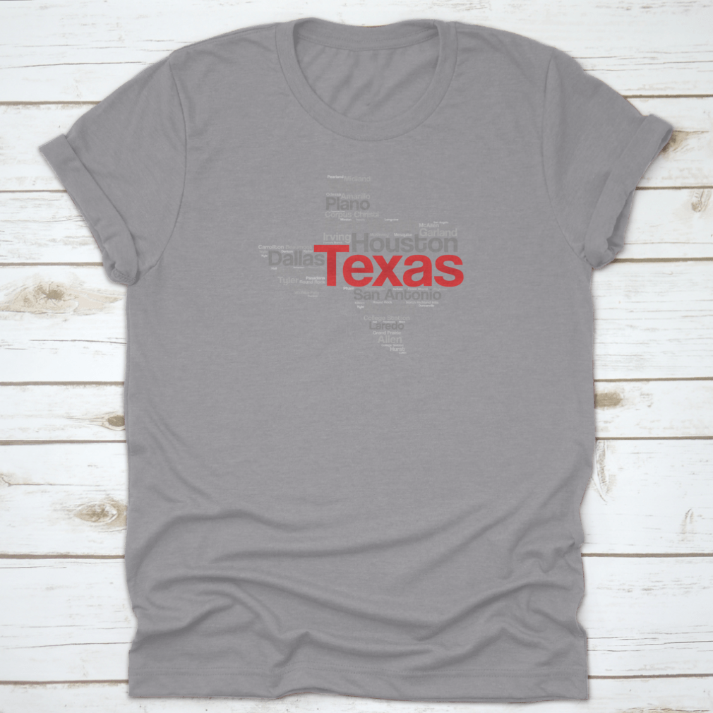 Texas USA State Word Cloud Travel Map featuring iconic landmarks in a stylish silhouette design.