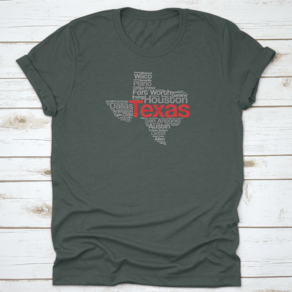 Texas USA State Word Cloud Travel Map featuring iconic landmarks in a stylish silhouette design.