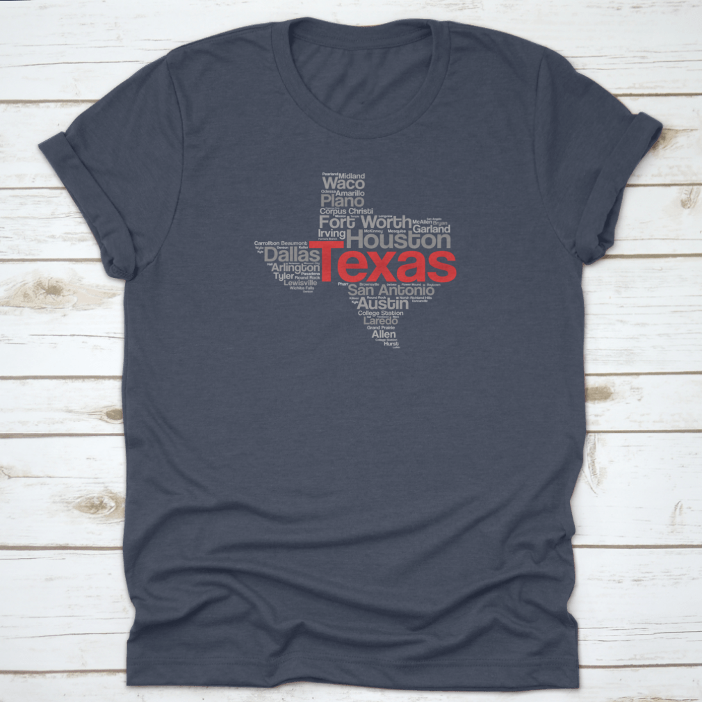 Texas USA State Word Cloud Travel Map featuring iconic landmarks in a stylish silhouette design.