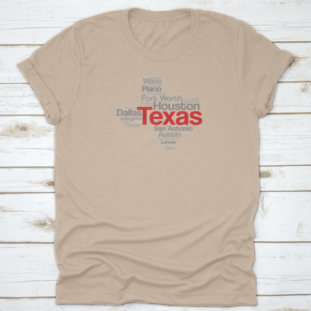 Texas USA State Word Cloud Travel Map featuring iconic landmarks in a stylish silhouette design.