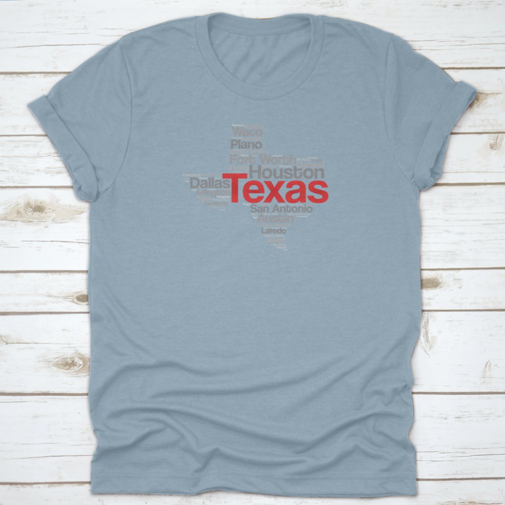 Texas USA State Word Cloud Travel Map featuring iconic landmarks in a stylish silhouette design.