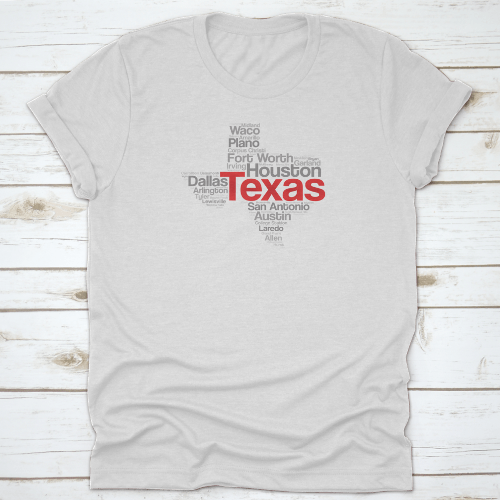 Texas USA State Word Cloud Travel Map featuring iconic landmarks in a stylish silhouette design.