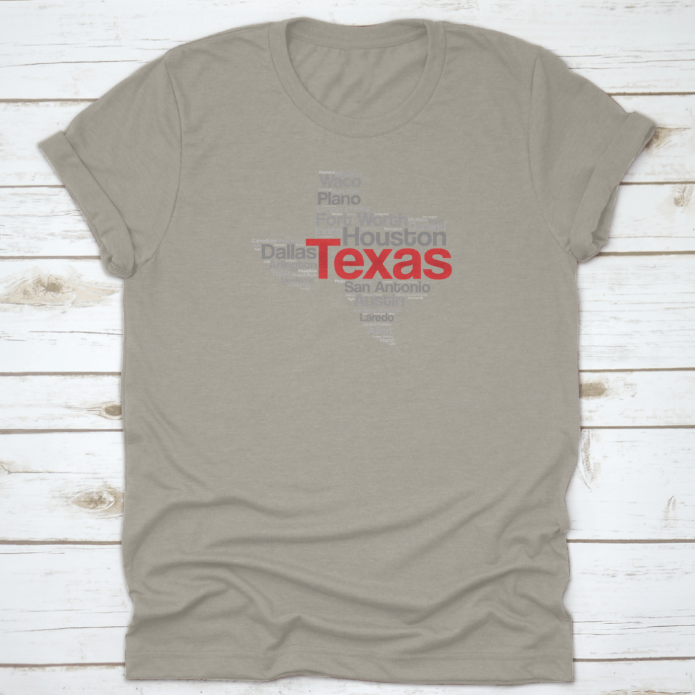 Texas USA State Word Cloud Travel Map featuring iconic landmarks in a stylish silhouette design.