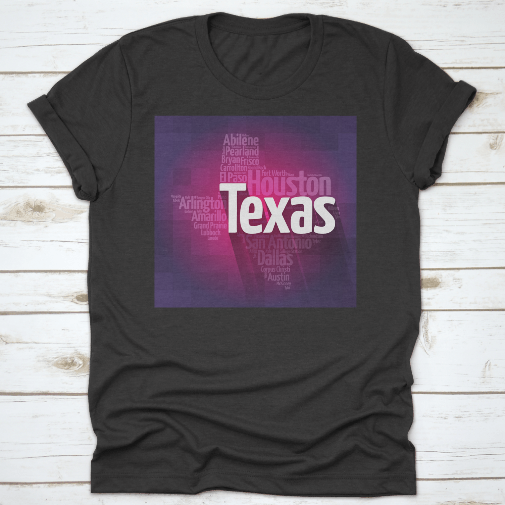 Texas USA States City Silhouette Word Cloud Map design on a cotton fabric, showcasing various Texas cities and landmarks in a stylish layout.