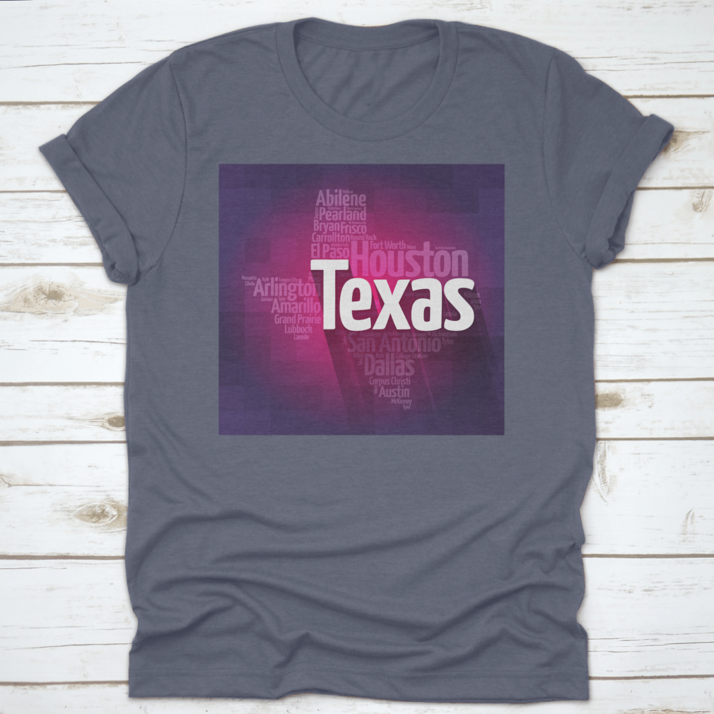 Texas USA States City Silhouette Word Cloud Map design on a cotton fabric, showcasing various Texas cities and landmarks in a stylish layout.