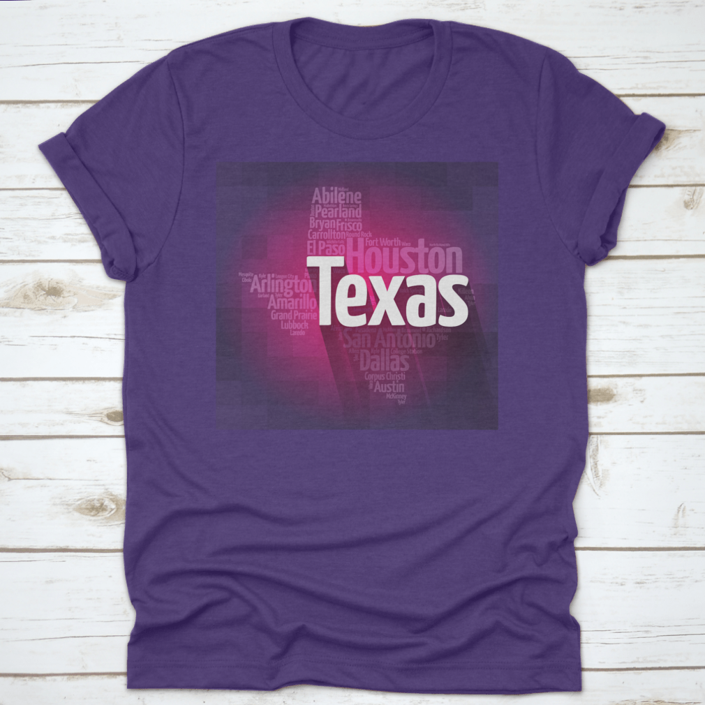 Texas USA States City Silhouette Word Cloud Map design on a cotton fabric, showcasing various Texas cities and landmarks in a stylish layout.