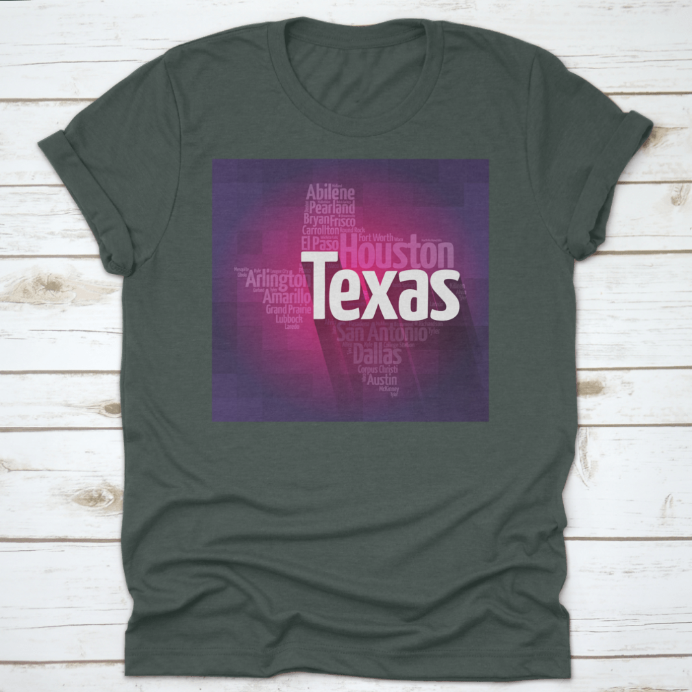 Texas USA States City Silhouette Word Cloud Map design on a cotton fabric, showcasing various Texas cities and landmarks in a stylish layout.