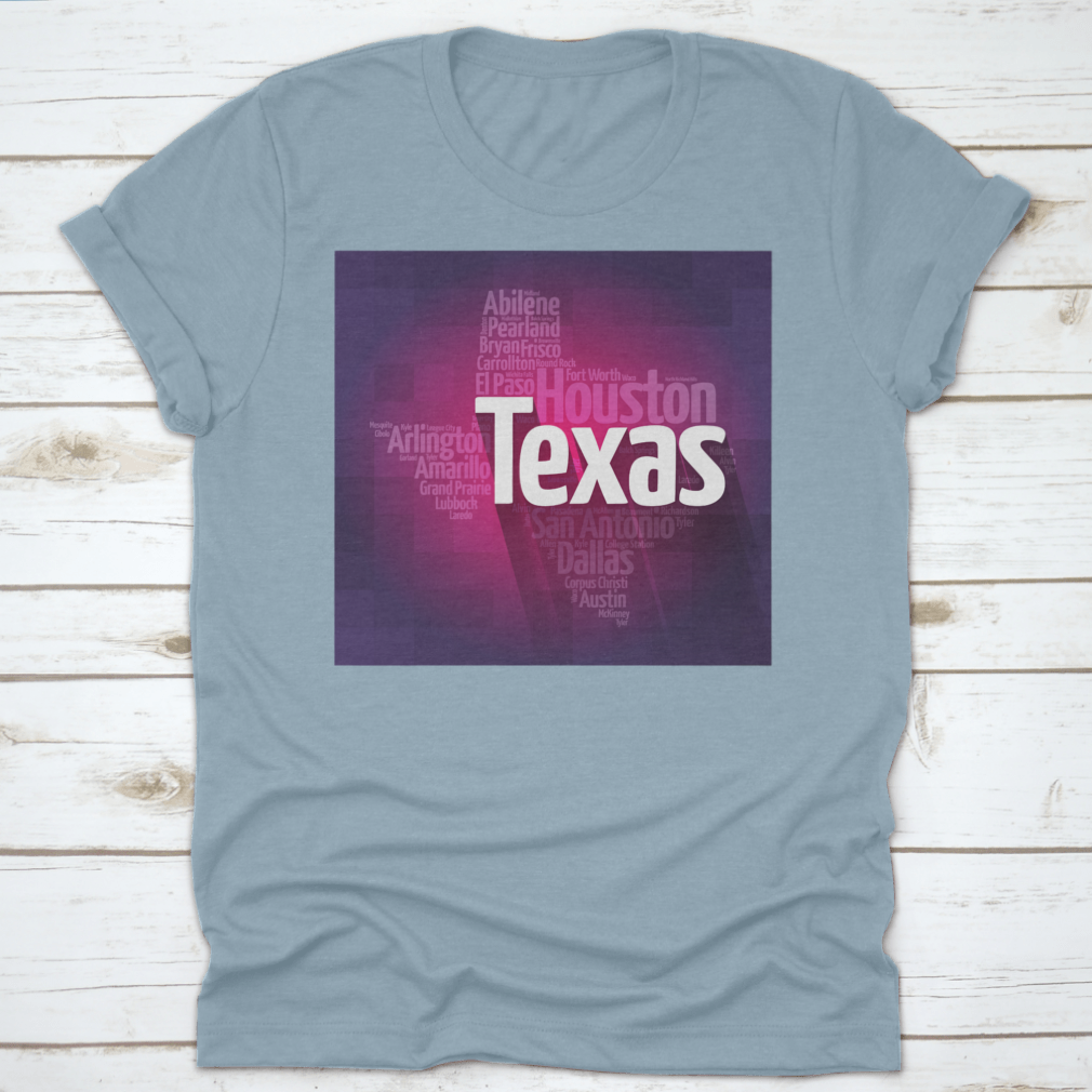 Texas USA States City Silhouette Word Cloud Map design on a cotton fabric, showcasing various Texas cities and landmarks in a stylish layout.