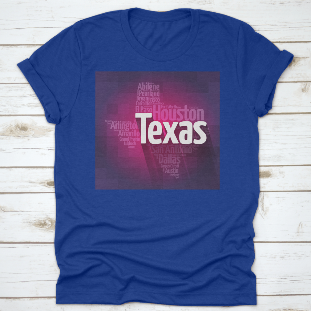 Texas USA States City Silhouette Word Cloud Map design on a cotton fabric, showcasing various Texas cities and landmarks in a stylish layout.