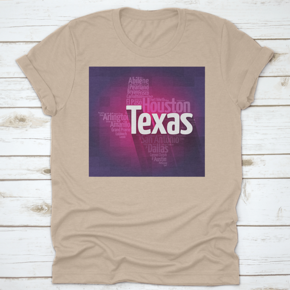 Texas USA States City Silhouette Word Cloud Map design on a cotton fabric, showcasing various Texas cities and landmarks in a stylish layout.