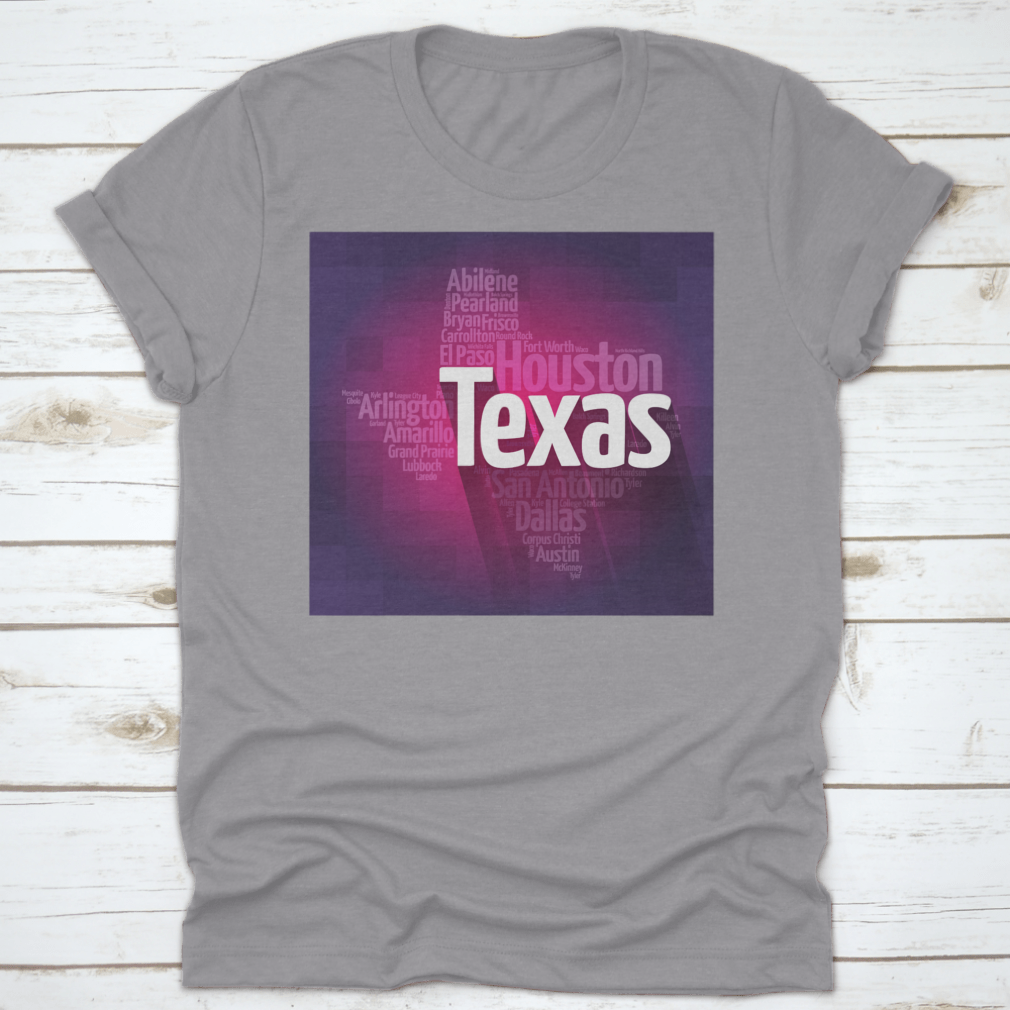 Texas USA States City Silhouette Word Cloud Map design on a cotton fabric, showcasing various Texas cities and landmarks in a stylish layout.