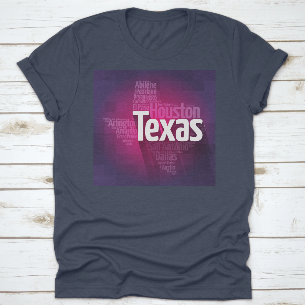 Texas USA States City Silhouette Word Cloud Map design on a cotton fabric, showcasing various Texas cities and landmarks in a stylish layout.