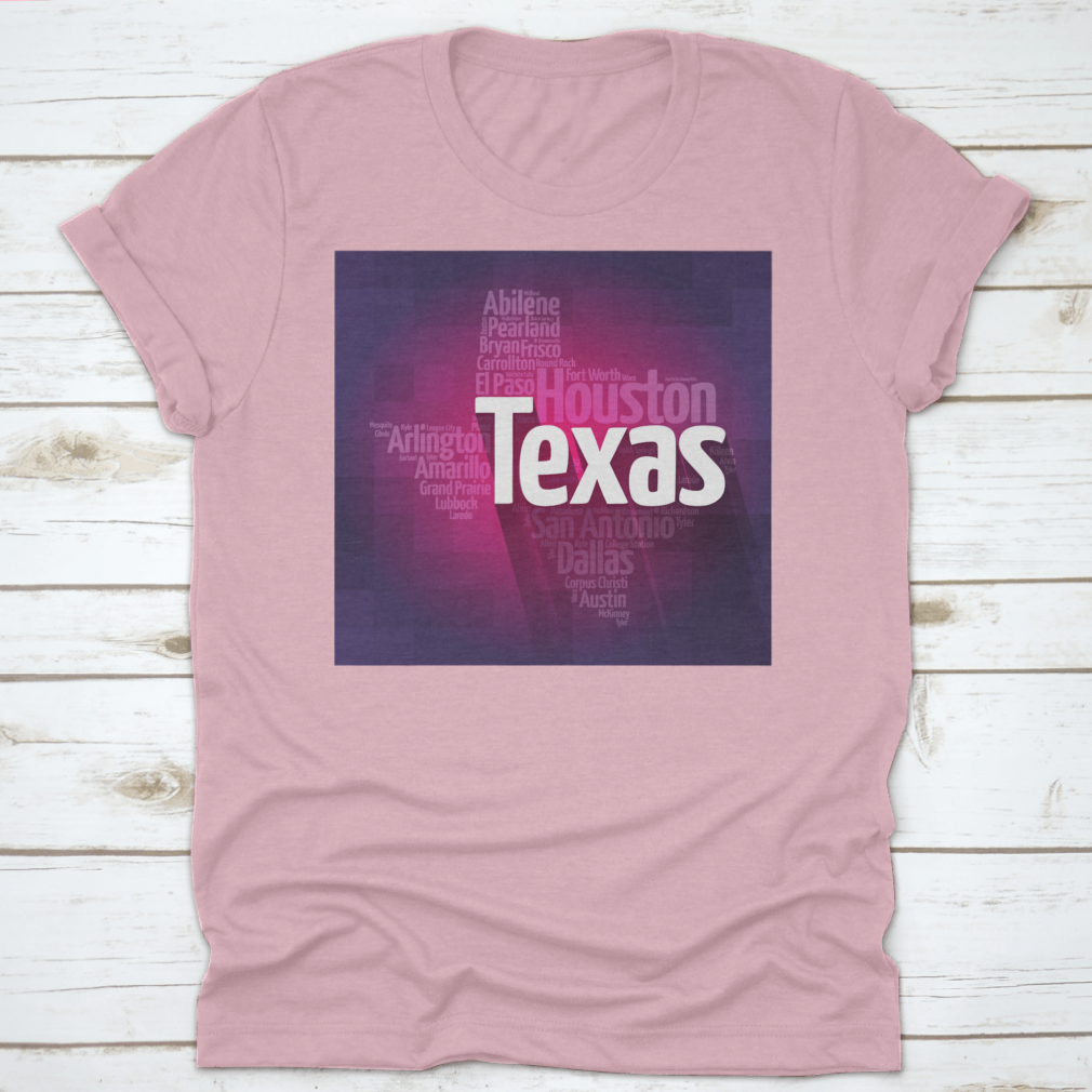 Texas USA States City Silhouette Word Cloud Map design on a cotton fabric, showcasing various Texas cities and landmarks in a stylish layout.