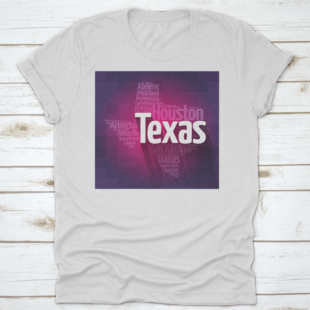 Texas USA States City Silhouette Word Cloud Map design on a cotton fabric, showcasing various Texas cities and landmarks in a stylish layout.