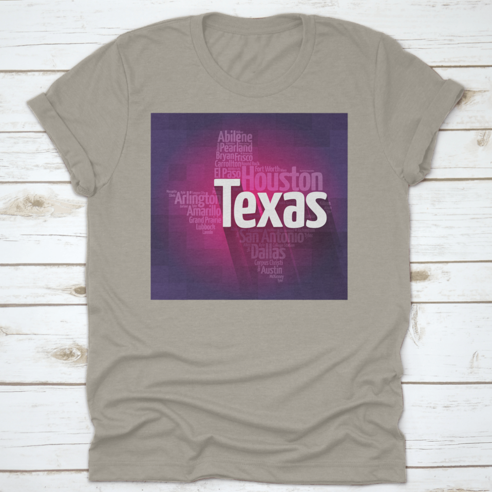 Texas USA States City Silhouette Word Cloud Map design on a cotton fabric, showcasing various Texas cities and landmarks in a stylish layout.