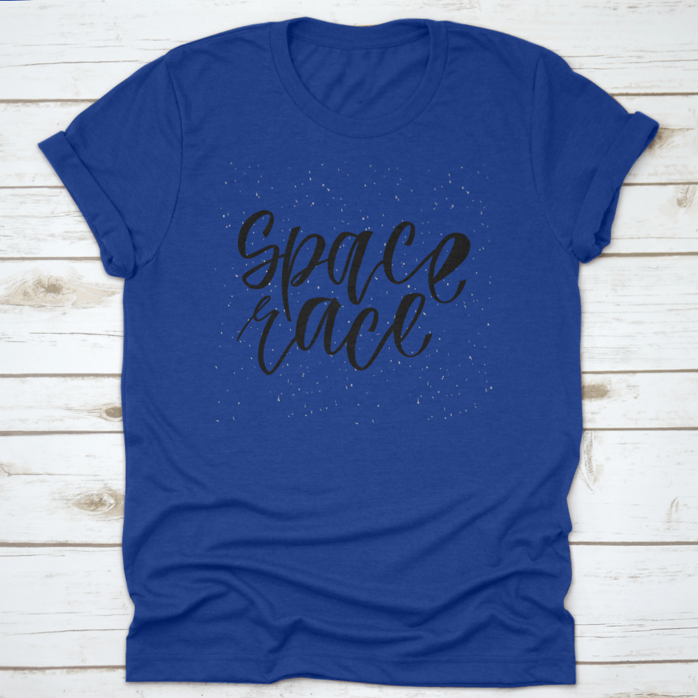 A stylish Space Race T-shirt featuring a simple cursive font design, made from 100% cotton with a classic fit.