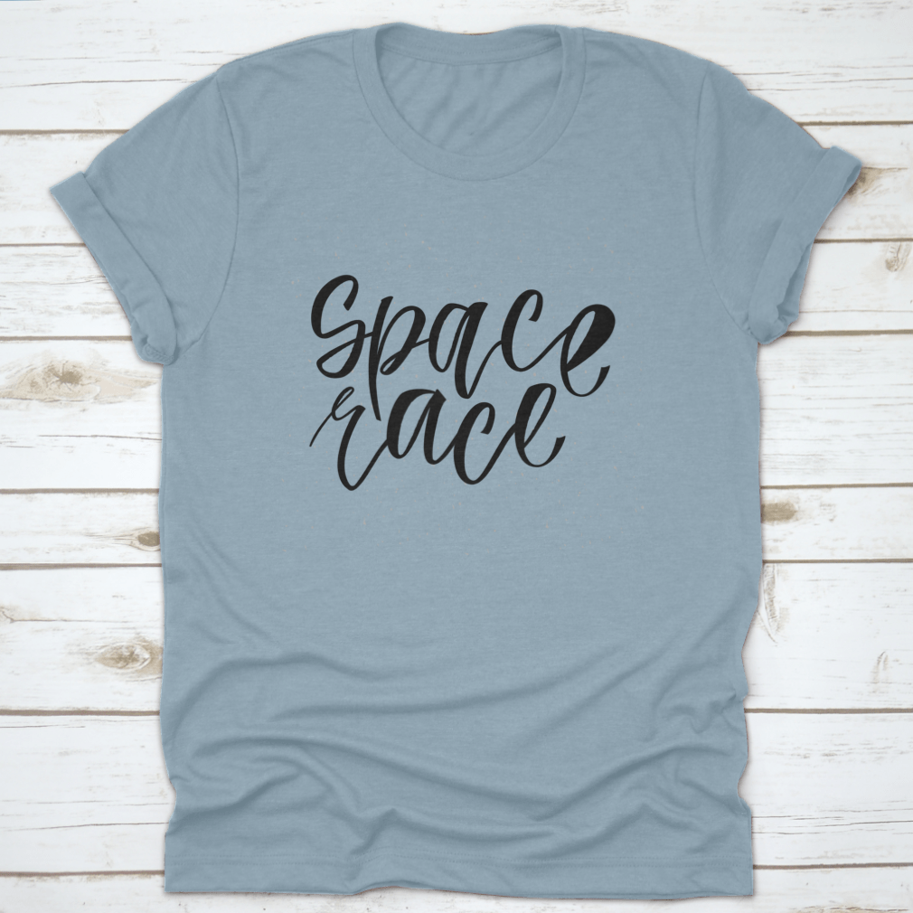 A stylish Space Race T-shirt featuring a simple cursive font design, made from 100% cotton with a classic fit.