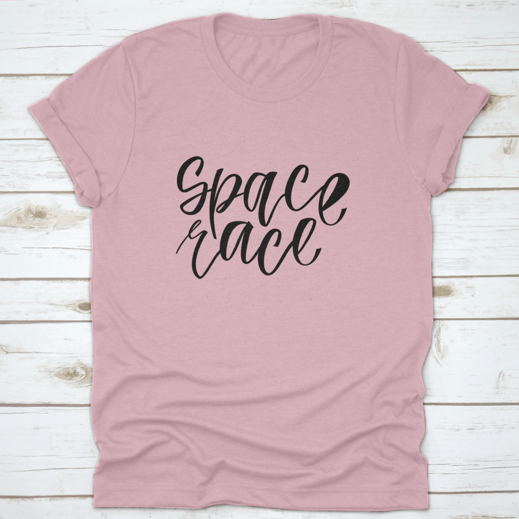 A stylish Space Race T-shirt featuring a simple cursive font design, made from 100% cotton with a classic fit.