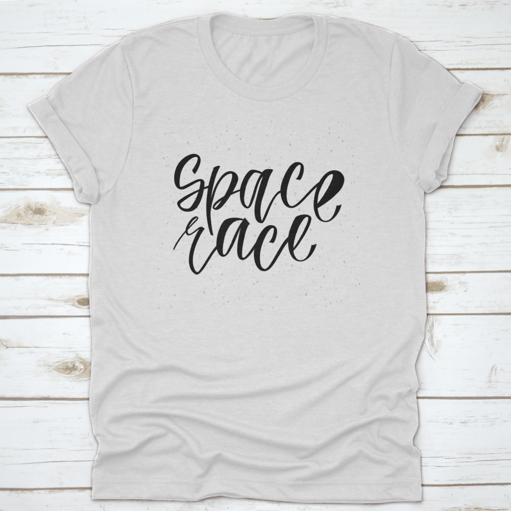 A stylish Space Race T-shirt featuring a simple cursive font design, made from 100% cotton with a classic fit.