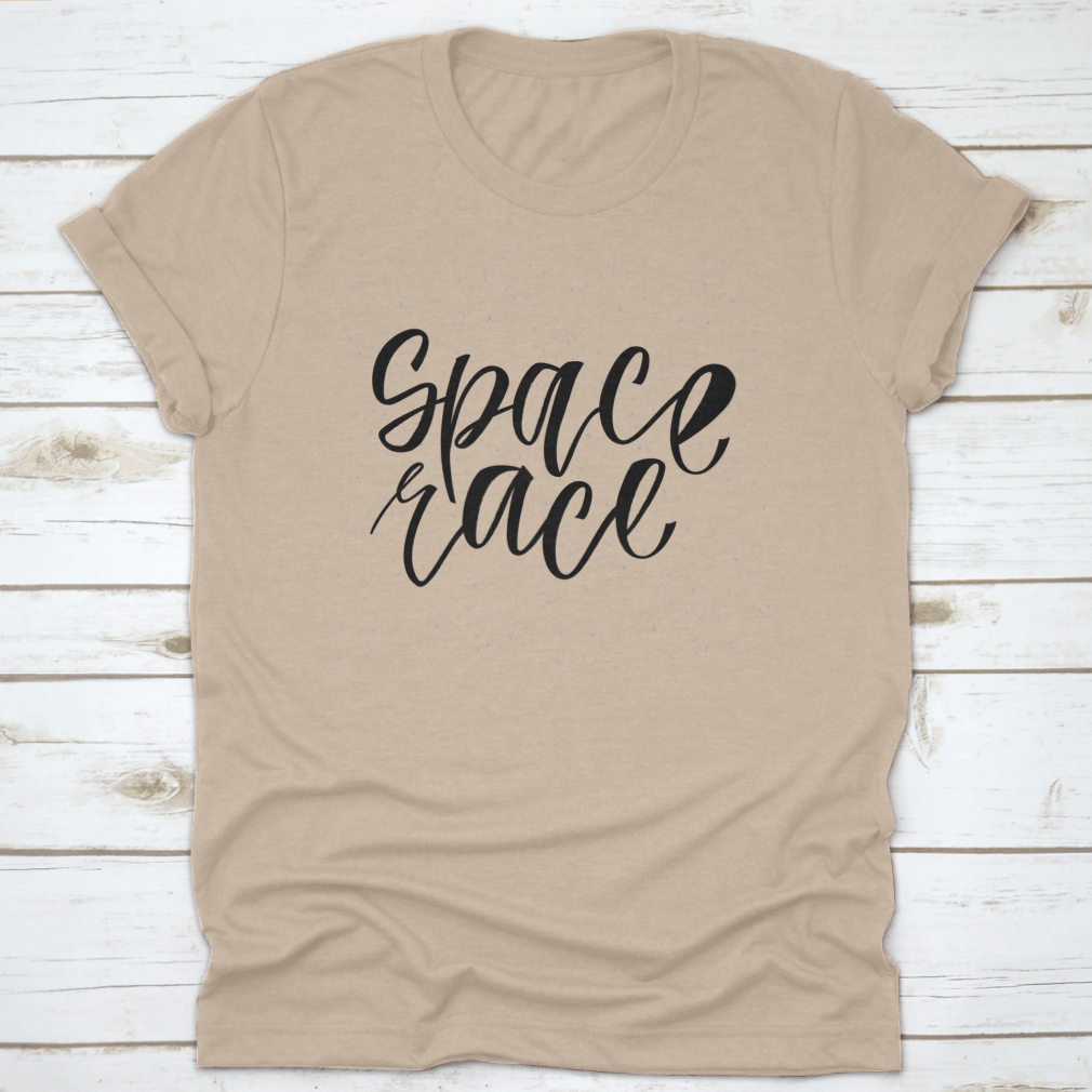 A stylish Space Race T-shirt featuring a simple cursive font design, made from 100% cotton with a classic fit.