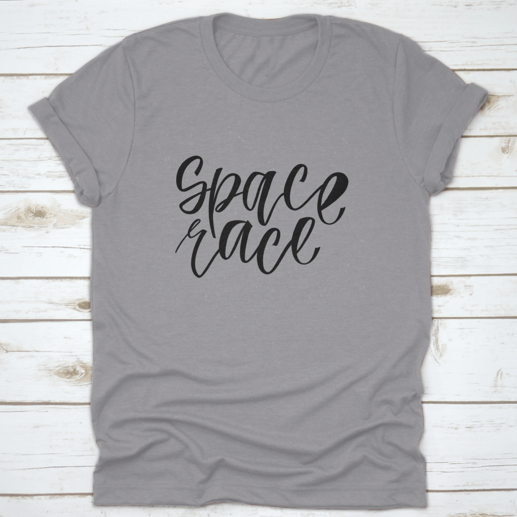 A stylish Space Race T-shirt featuring a simple cursive font design, made from 100% cotton with a classic fit.