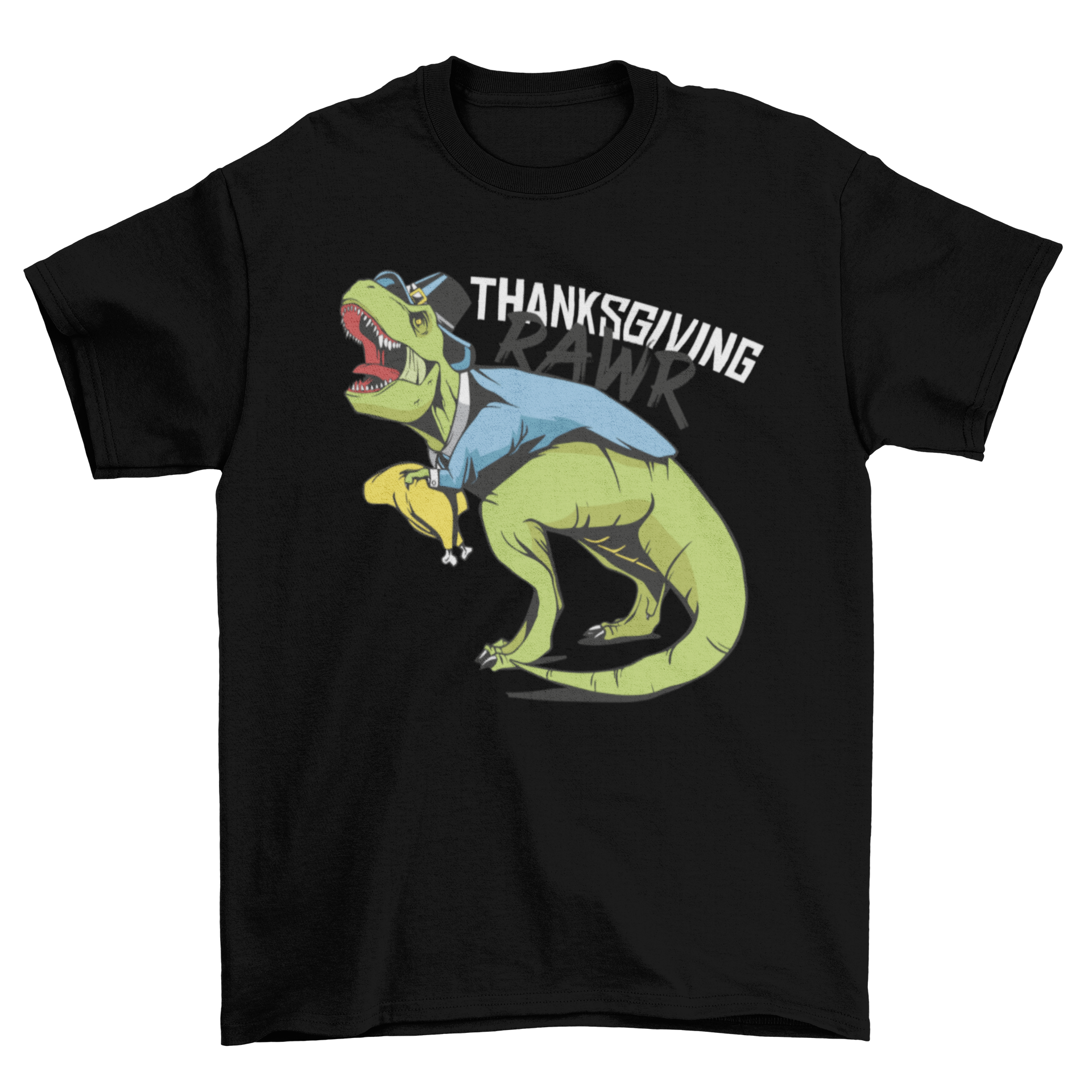 Thanksgiving Dinosaur T-shirt featuring a T-rex dressed as a pilgrim with the quote 'THANKSGIVING RAWR'.