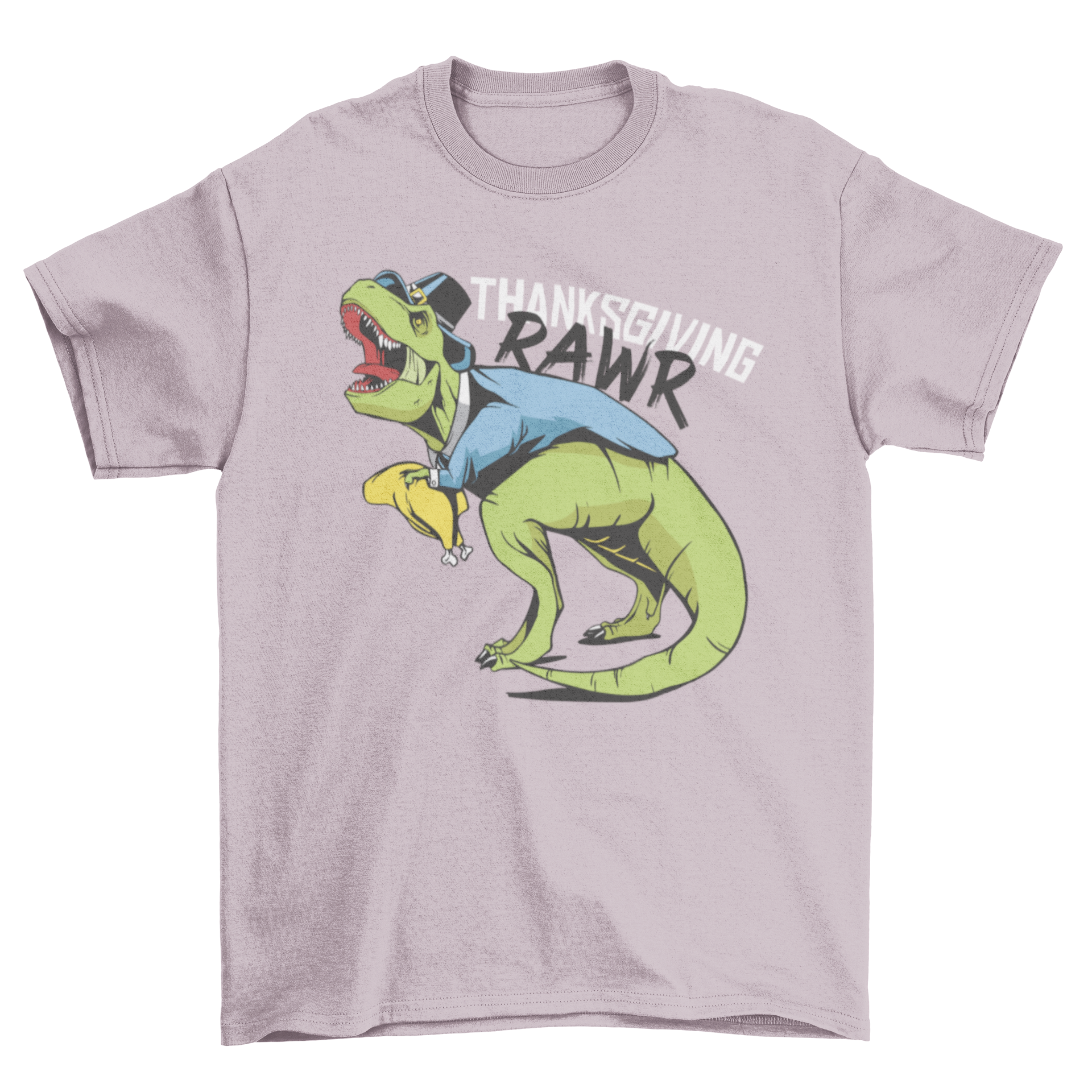 Thanksgiving Dinosaur T-shirt featuring a T-rex dressed as a pilgrim with the quote 'THANKSGIVING RAWR'.