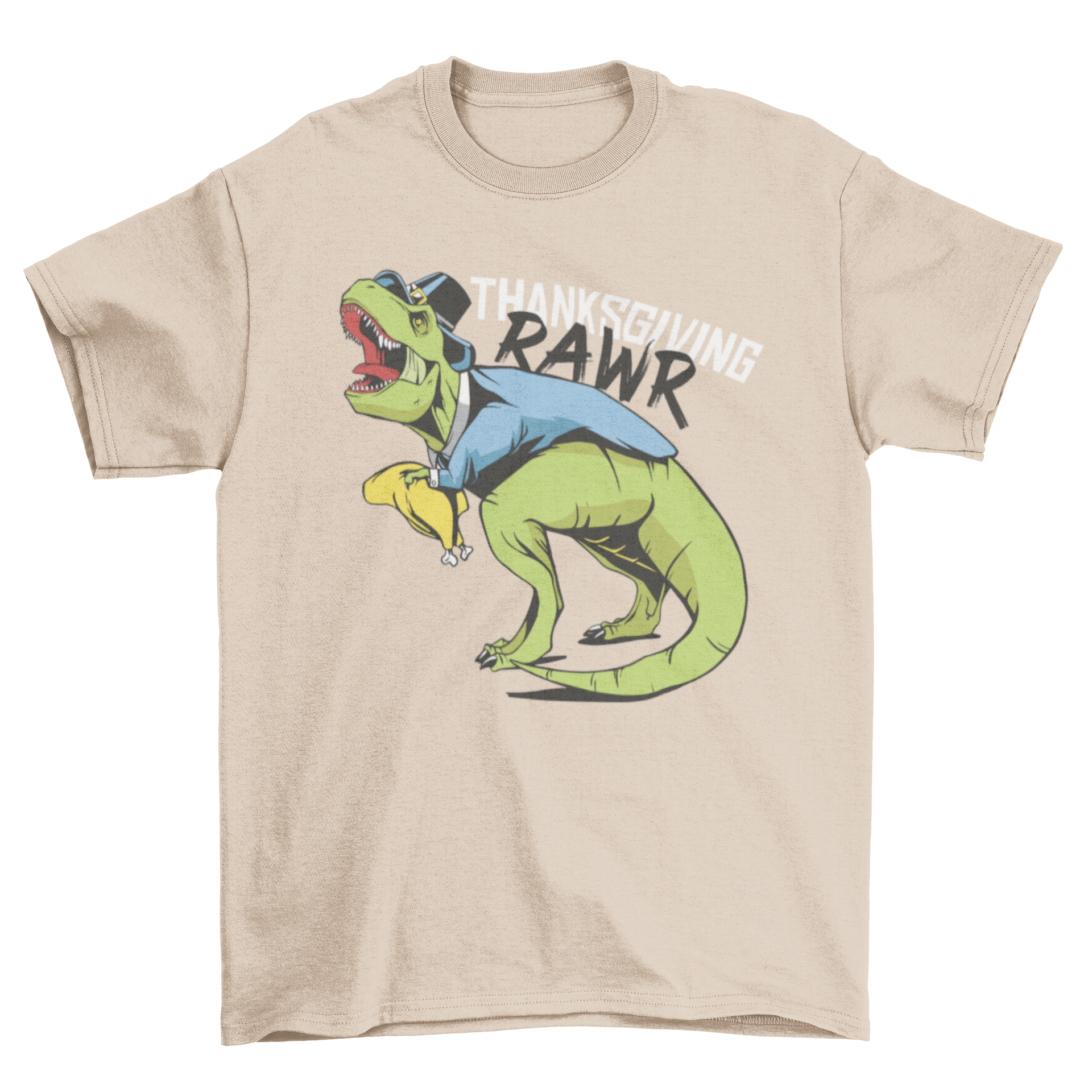 Thanksgiving Dinosaur T-shirt featuring a T-rex dressed as a pilgrim with the quote 'THANKSGIVING RAWR'.