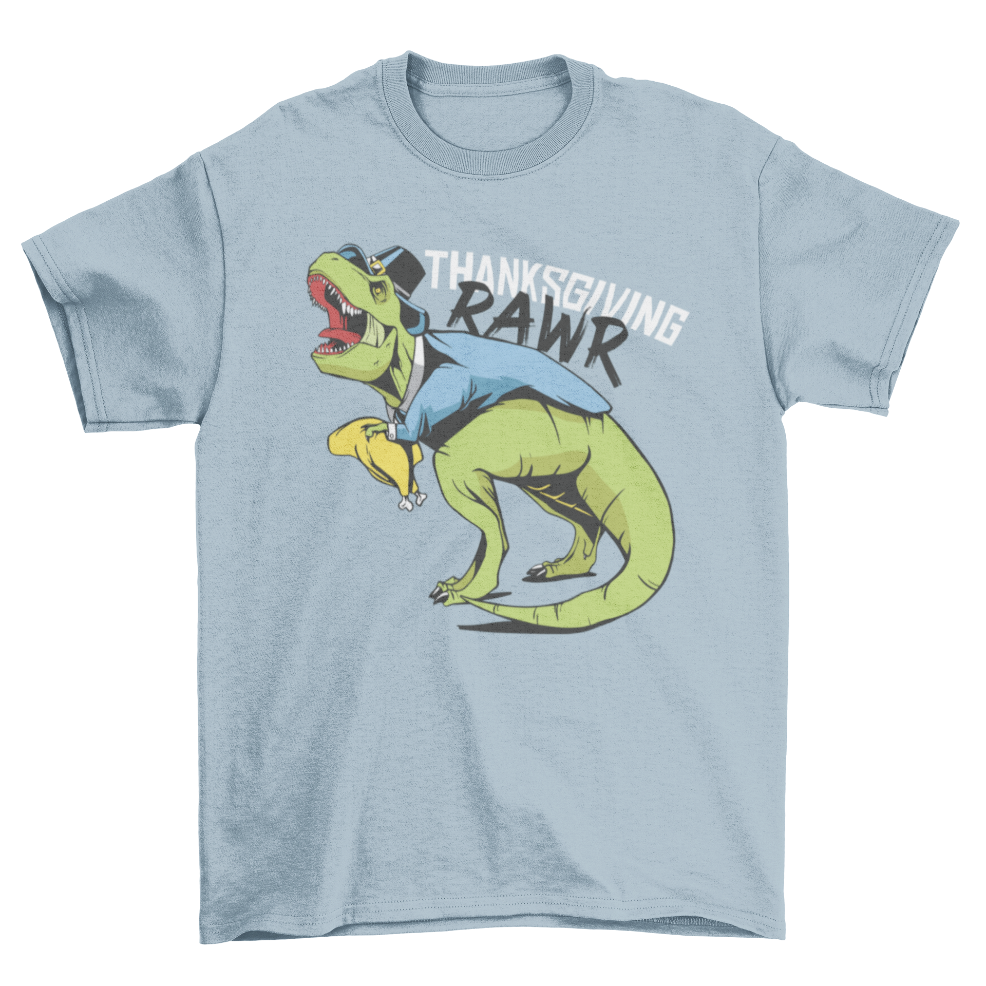 Thanksgiving Dinosaur T-shirt featuring a T-rex dressed as a pilgrim with the quote 'THANKSGIVING RAWR'.