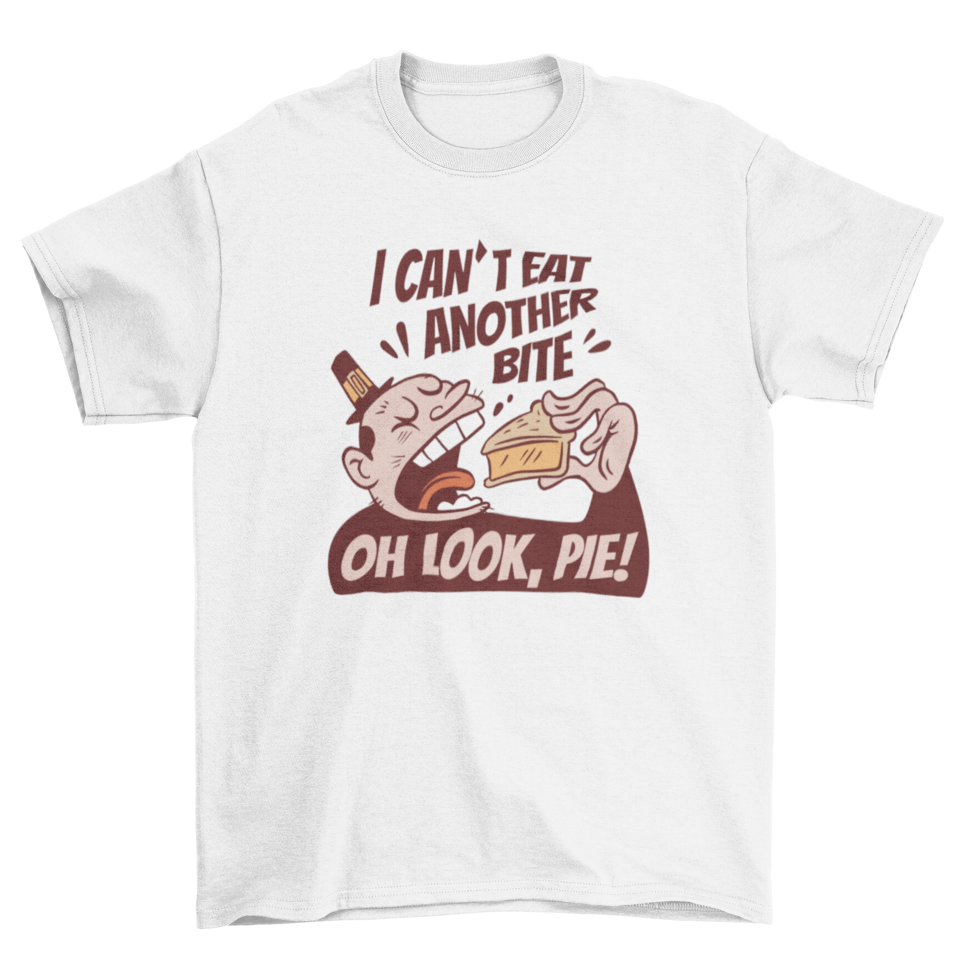 Thanksgiving t-shirt design featuring a man happily eating a slice of pie, perfect for holiday celebrations.