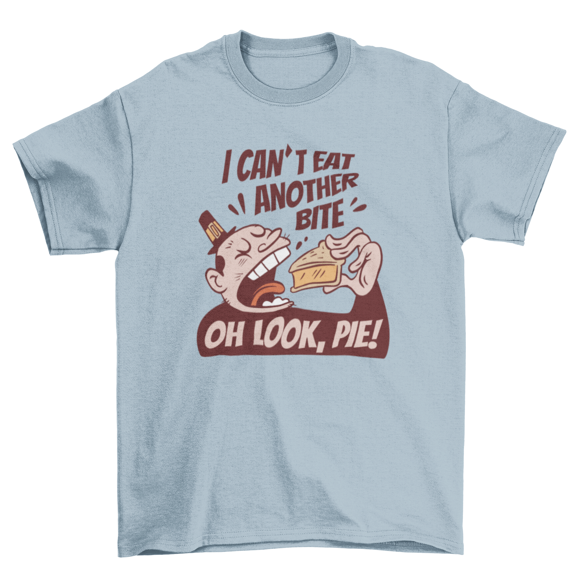 Thanksgiving t-shirt design featuring a man happily eating a slice of pie, perfect for holiday celebrations.