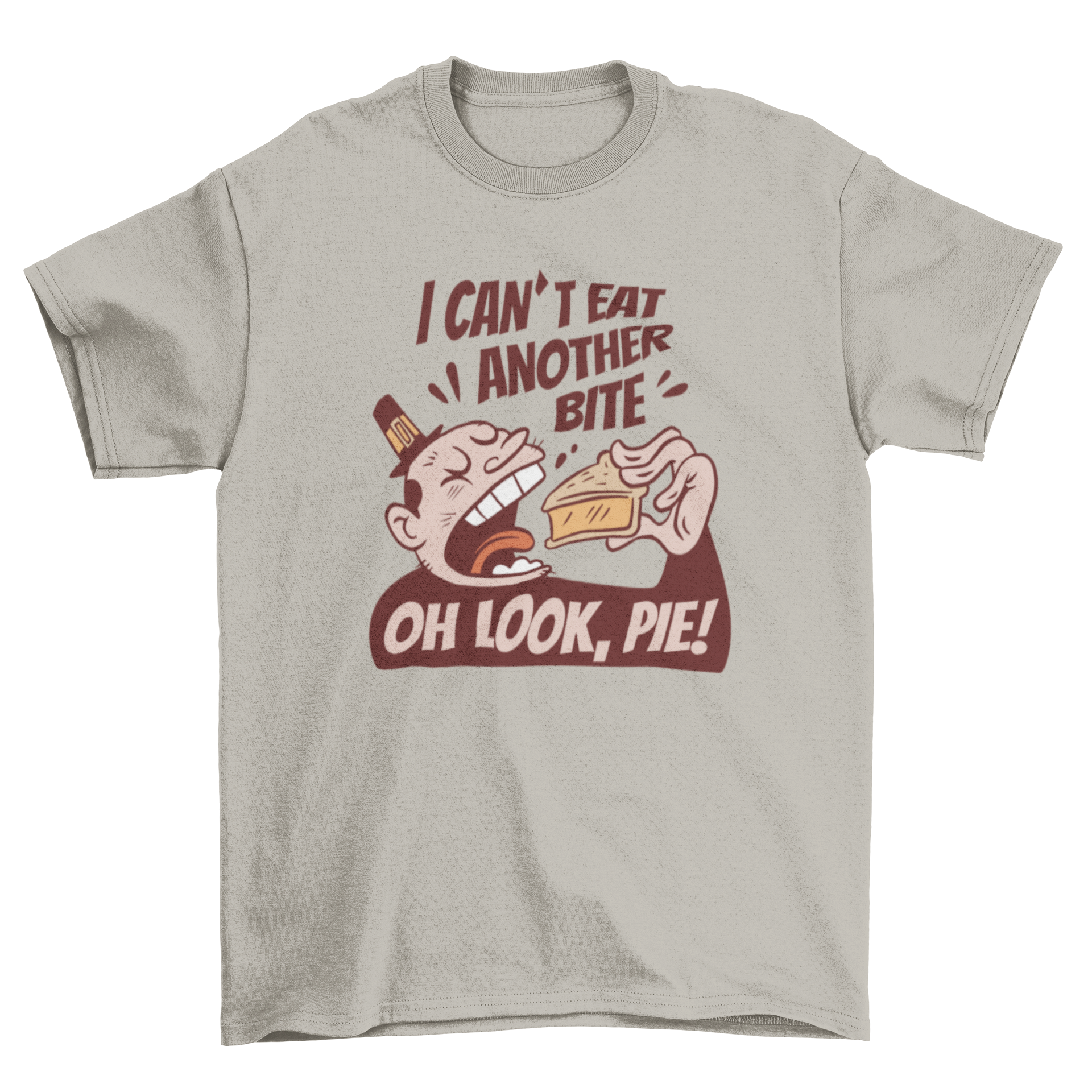 Thanksgiving t-shirt design featuring a man happily eating a slice of pie, perfect for holiday celebrations.